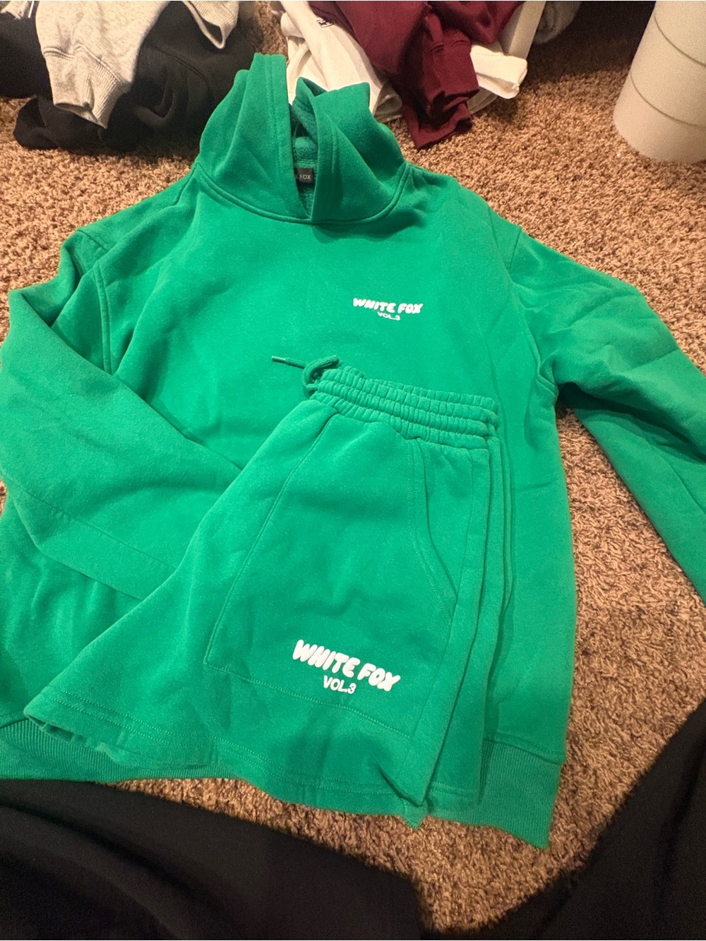White fox shorts and hoodie set. Green